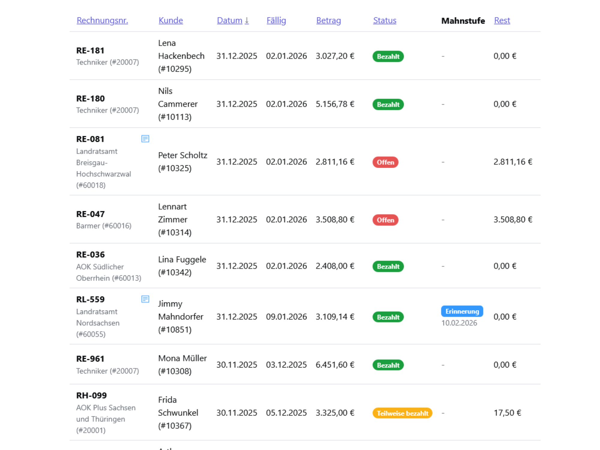 Invoice management interface